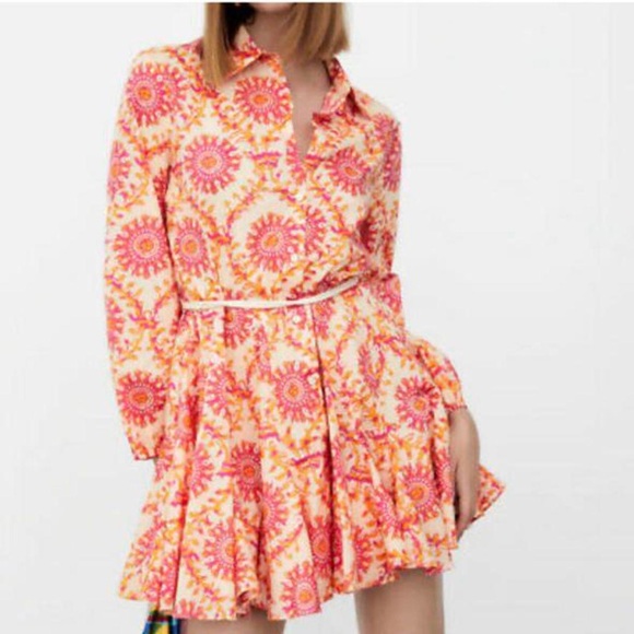 Zara Dresses & Skirts - Zara Floral Pink print Beaded Belt Mini Dress S